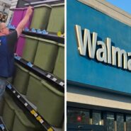 aisle of bins (l) walmart storefront (r)