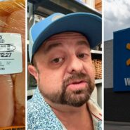 Great Value chicken breast (l) man shares walmart issue (c) walmart storefront (r)