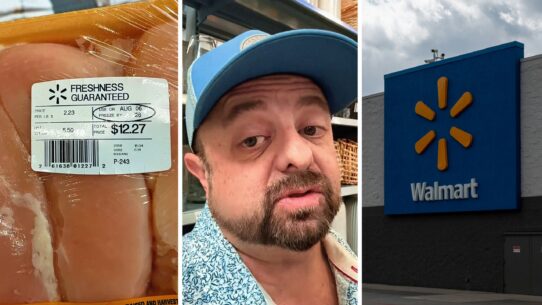 Great Value chicken breast (l) man shares walmart issue (c) walmart storefront (r)