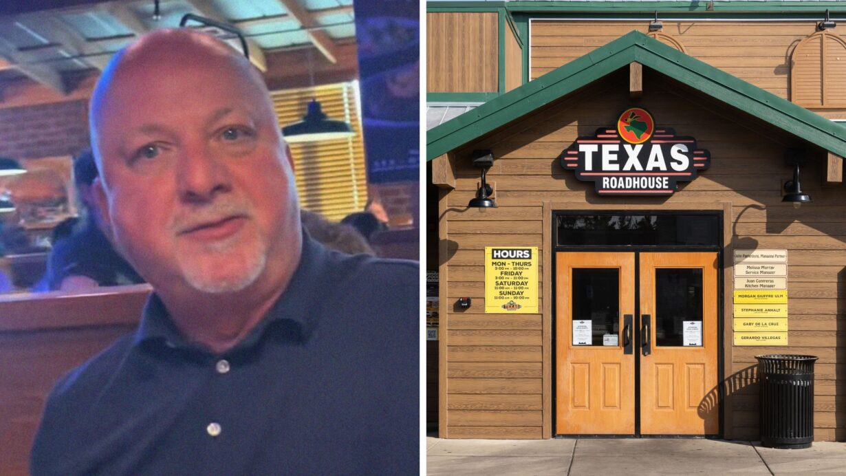 man shares Texas roadhouse experience (l) Texas roadhouse entrance (r)