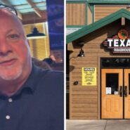 man shares Texas roadhouse experience (l) Texas roadhouse entrance (r)