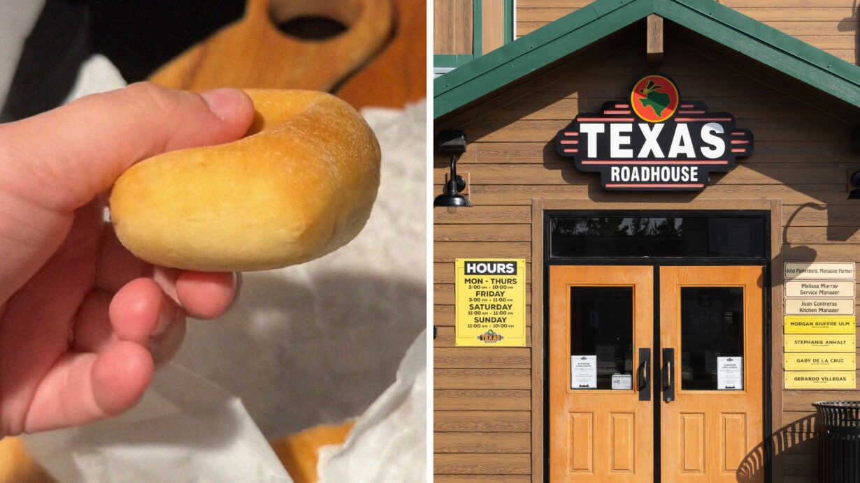 woman shares bread rolls observation (l) Texas roadhouse entrance (r)