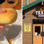 woman shares bread rolls observation (l) Texas roadhouse entrance (r)