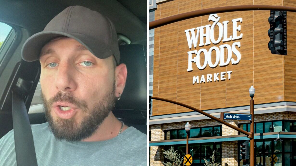 man shares Whole Foods experience (l) Whole Foods market storefront (r)