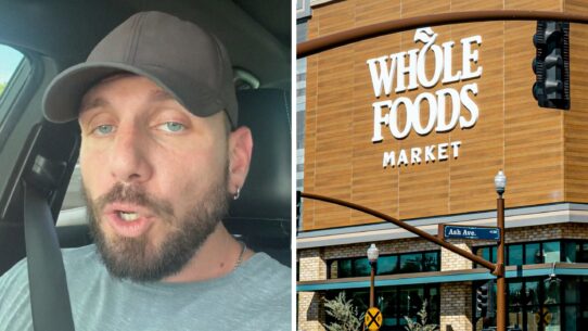 man shares Whole Foods experience (l) Whole Foods market storefront (r)