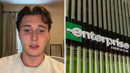 man shares job experience (l) Enterprise Rent-A-Car office (r)