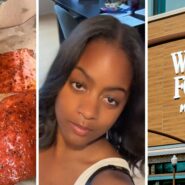 seasoned salmon (l) woman shares cooking observation (c) Whole Foods entrance (r)