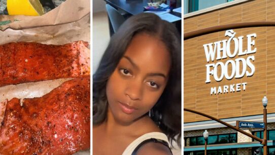 seasoned salmon (l) woman shares cooking observation (c) Whole Foods entrance (r)