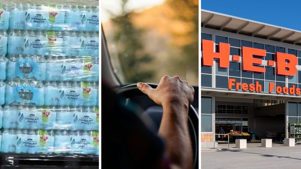 plastic bottles of water (l) man drives by store (c) H-E-B storefront (r)