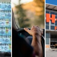plastic bottles of water (l) man drives by store (c) H-E-B storefront (r)