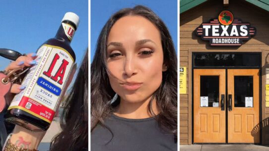 A1 steak sauce (l) woman shares Texas roadhouse struggles (c) Texas roadhouse entrance (r)