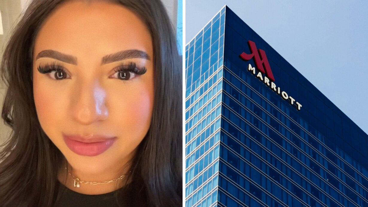 woman shares hotel experience (l) Marriott hotel view (r)