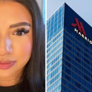 woman shares hotel experience (l) Marriott hotel view (r)