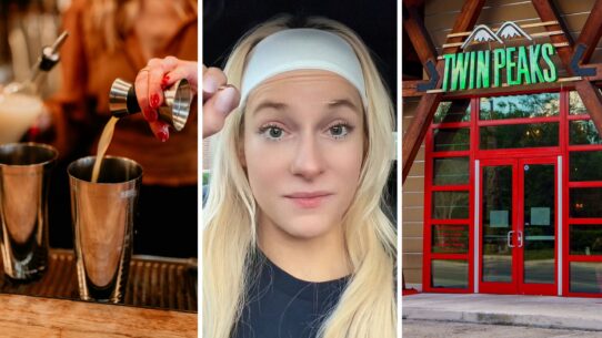 bartender mixing drink (l) woman shares drinks she hates to make (c) Twin Peaks entrance (r)