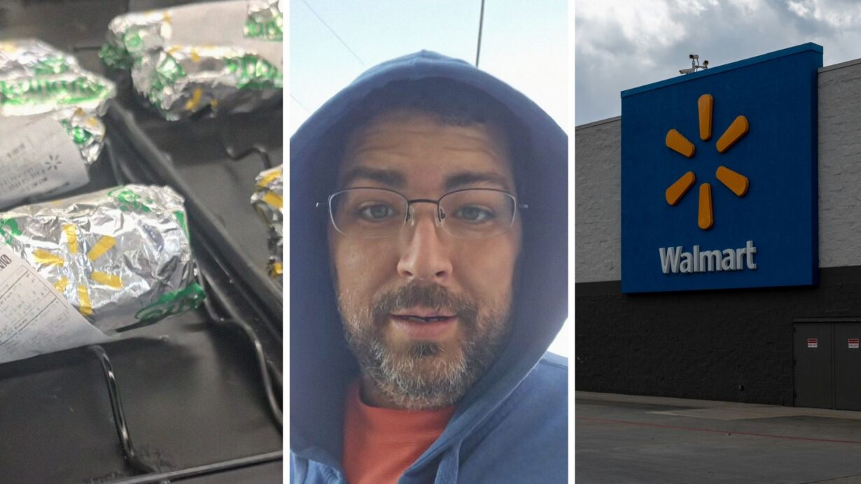 to-go hotdogs (l) man shares walmart prices (c) walmart storefront (r)