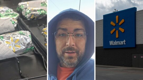 to-go hotdogs (l) man shares walmart prices (c) walmart storefront (r)