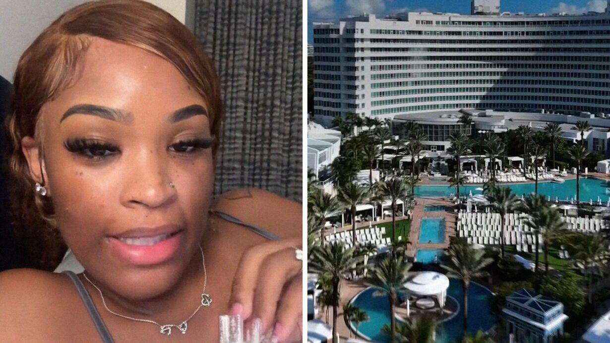 woman shares hotel review (l) Fontainebleu Hotel in Miami (r)