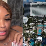 woman shares hotel review (l) Fontainebleu Hotel in Miami (r)