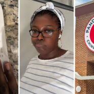 food receipt (l) woman shares Panda Express food purchase (c) Panda Express entrance (r)
