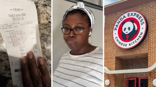 food receipt (l) woman shares Panda Express food purchase (c) Panda Express entrance (r)