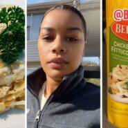 Alt: chicken alfredo (l) woman shares purchase issue (c) Bertolli Chicken Broccoli Fettuccine Alfredo (r)