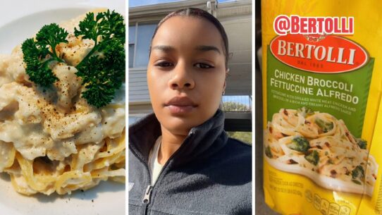 Alt: chicken alfredo (l) woman shares purchase issue (c) Bertolli Chicken Broccoli Fettuccine Alfredo (r)