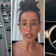 busy highway (l) woman shares car warning (c) Mercedes logo (r)