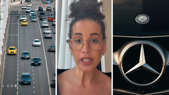 busy highway (l) woman shares car warning (c) Mercedes logo (r)