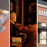 CDs on counter (l) woman browsing through store (c) Barnes & Noble storefront (r)