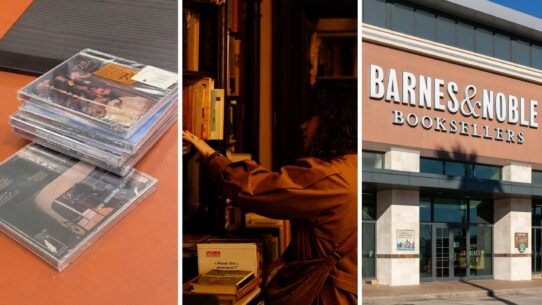 CDs on counter (l) woman browsing through store (c) Barnes & Noble storefront (r)