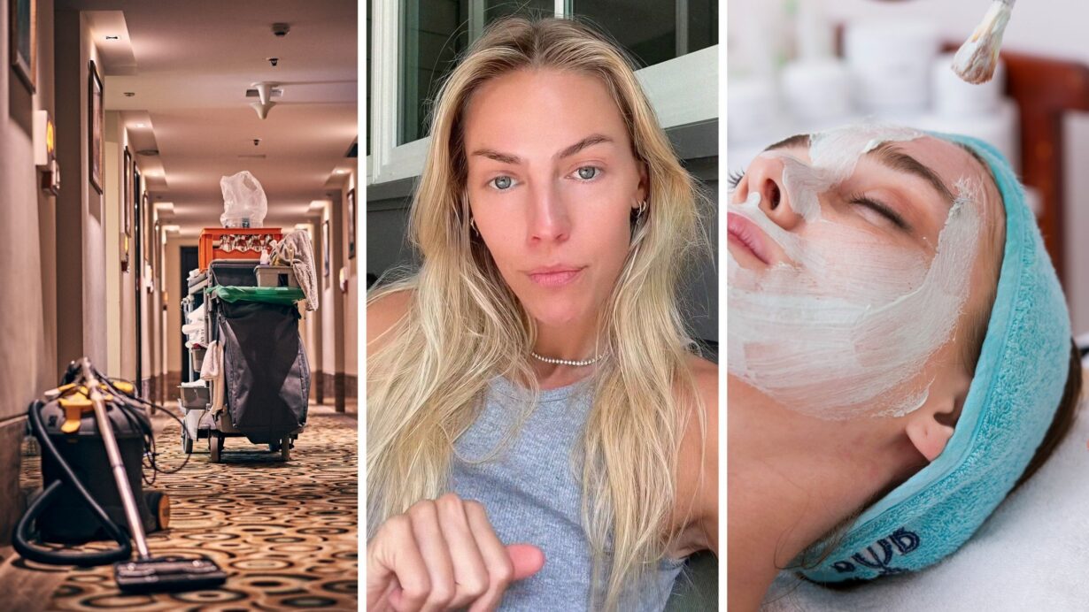 hotel house-keeping (l) woman shares hotel experience (c) woman at hotel spa (r)