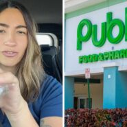 woman shares food combo purchase (l) Publix storefront (r)