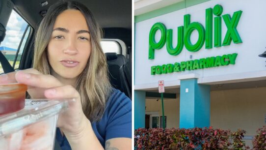 woman shares food combo purchase (l) Publix storefront (r)