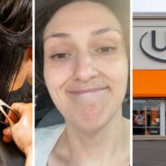 woman getting a haircut (l) Woman shares Ulta store experience (c) Ulta storefront (r)