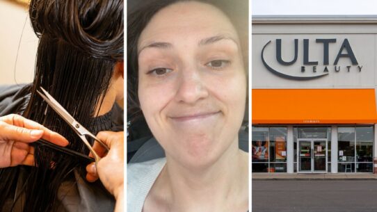 woman getting a haircut (l) Woman shares Ulta store experience (c) Ulta storefront (r)