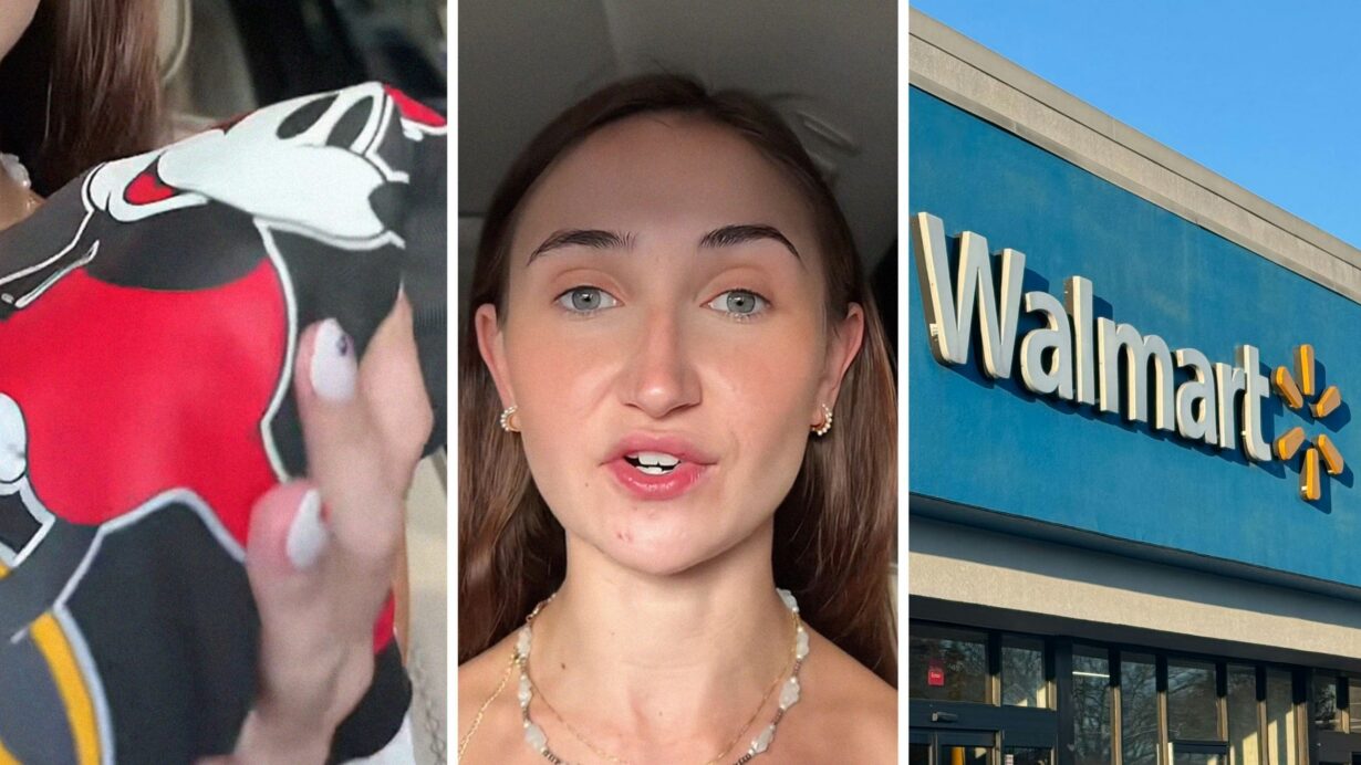 mickey sweatshirt (l) woman shares walmart issue (c) Walmart storefront (r)