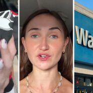 mickey sweatshirt (l) woman shares walmart issue (c) Walmart storefront (r)
