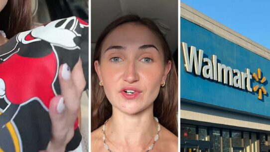 mickey sweatshirt (l) woman shares walmart issue (c) Walmart storefront (r)
