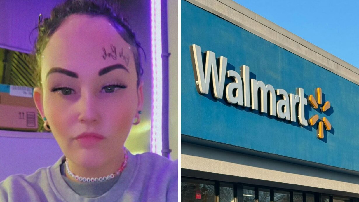 woman shares walmart self-checkout experience (l) walmart storefront (r)