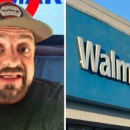 man shares walmart warning (l) walmart storefront (r)
