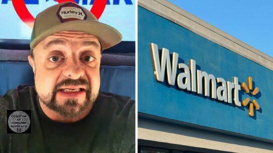 man shares walmart warning (l) walmart storefront (r)