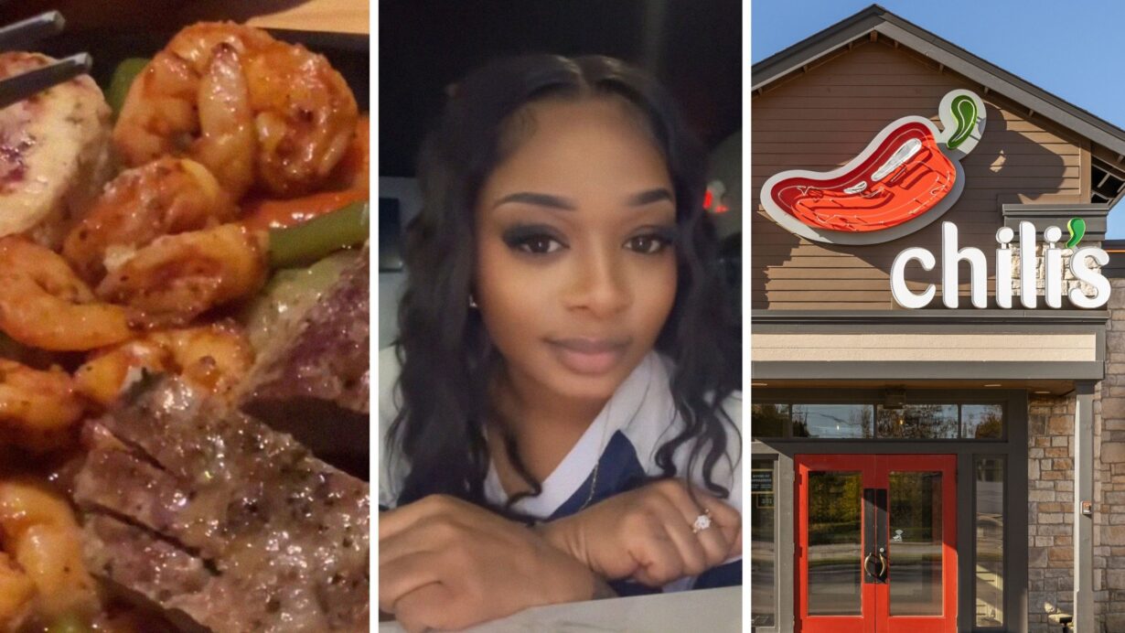 fajita trio skillet (l) woman shares food concern (c) Chili's entrance (r)