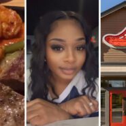 fajita trio skillet (l) woman shares food concern (c) Chili's entrance (r)