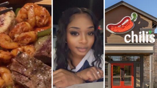 fajita trio skillet (l) woman shares food concern (c) Chili's entrance (r)