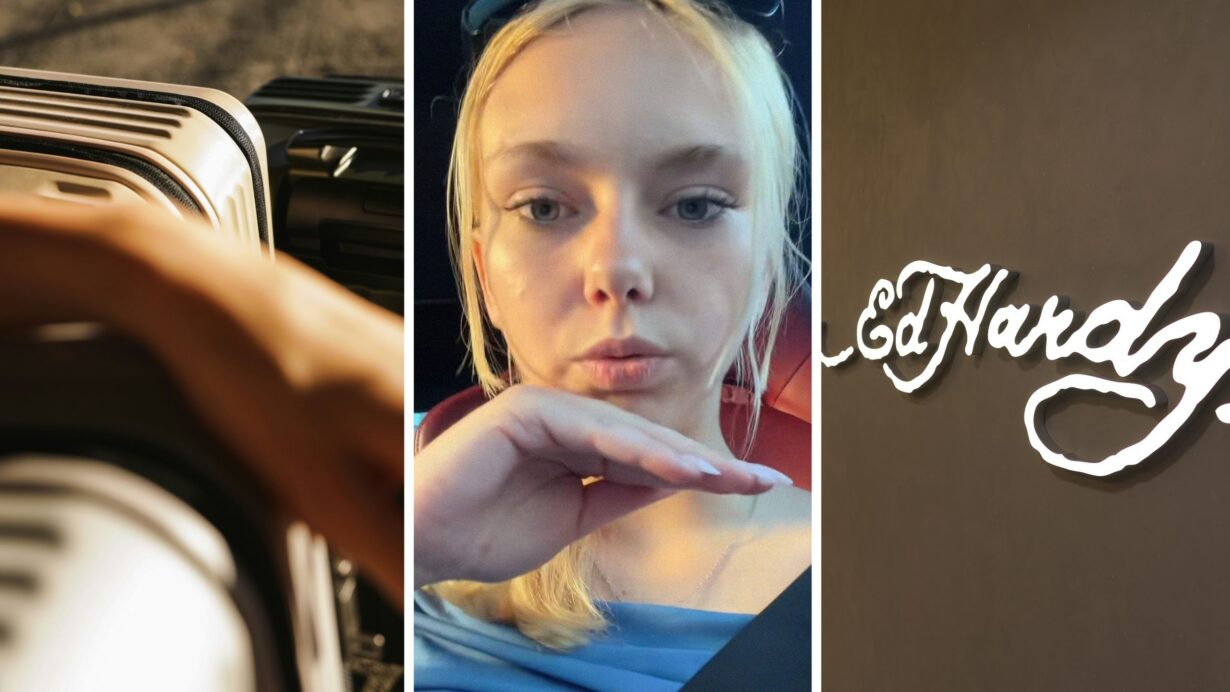 Alt: check-in suitcases (l) woman shares suitcases issue (c) Ed Hardy storefront (r)