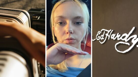 Alt: check-in suitcases (l) woman shares suitcases issue (c) Ed Hardy storefront (r)