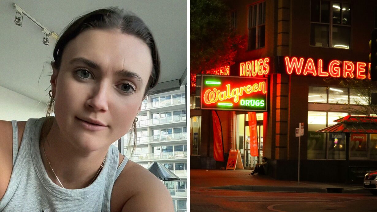 woman shares Walgreens issue (l) Walgreens storefront (r)