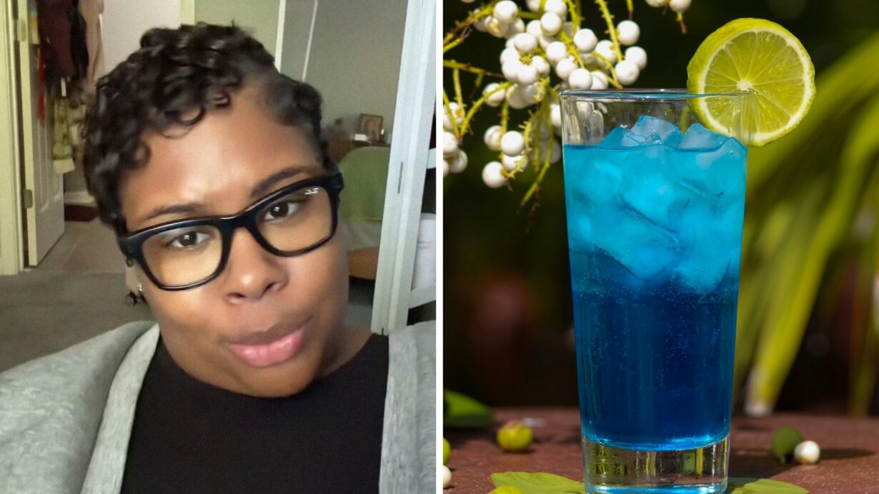 woman shares Bartending job interview experience (l) Blue Motorcycle cocktail (r)