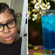 woman shares Bartending job interview experience (l) Blue Motorcycle cocktail (r)