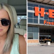 woman shares H-E-B concern (l) H-E-B storefront (r)